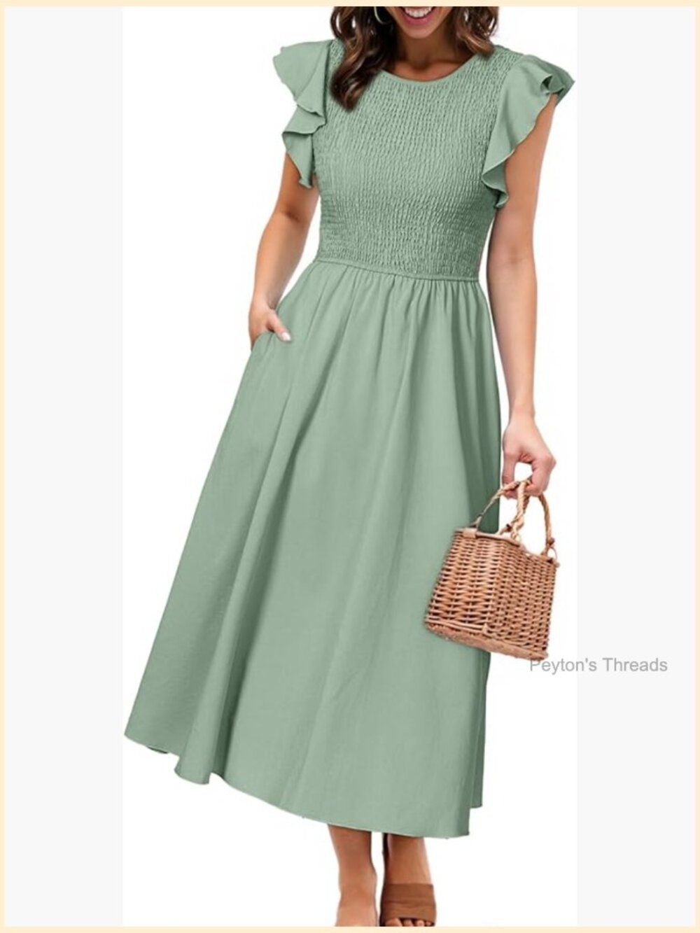 Women's Striped Midi Summer Dress Linen Smocked Flutter Short Sleeve Flow Dress